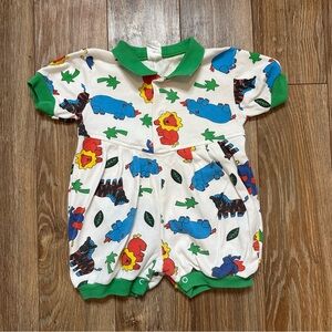 Vintage Colorful Animal Print Baby Romper Clothes Park Bench Kids 18 Months